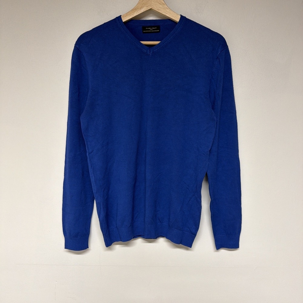 Zara Man Mens V Neck Sweater Size M Blue Lightweight Knit Long Sleeve